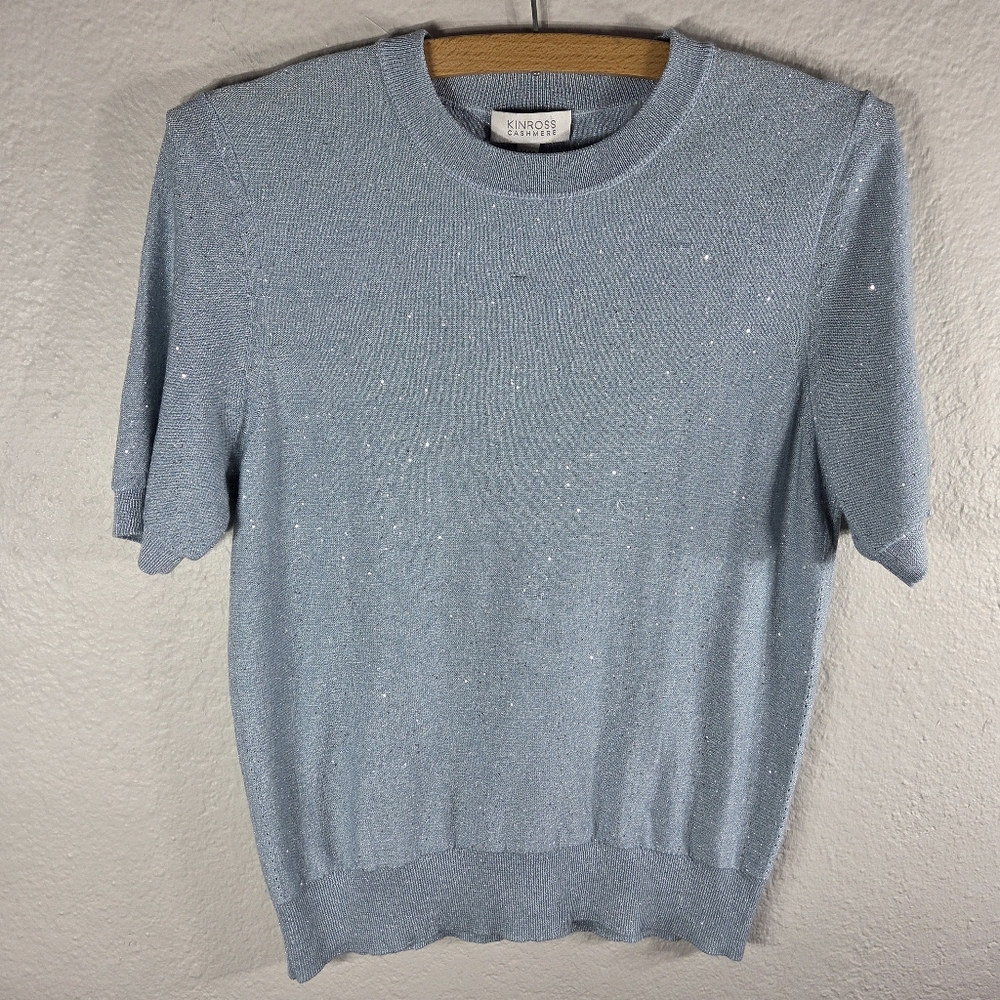 Kinross Cashmere Shimer Sweater Top Short Sleeve Light Blue Size M Crew Neck